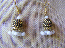Ethnic Exotic Made In India Brass Gold Barrel Bead White Beaded Design Earrings - $9.89