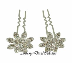 Silver Metal Crystal Bridal Hair Stick Pins - Floral Wedding Up-do hair ... - $16.03
