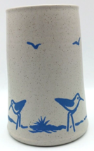 SANIBEL POTTERY 6.5&quot; Utensil Holder Vase Blue Seagulls Sandpipers 1984 Vintage - £31.22 GBP