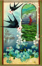 Sparrows Lilacs Window Scene Ocean w Boat To My Valentine 1913 Embossed Postcard - £9.74 GBP