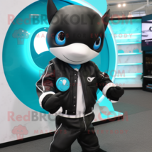 Turquoise Killer Whale mascot costume character dressed with a Leather Jacket an - £969.65 GBP