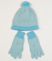 Nike Blue &amp; Metallic Silver Knit Pom Beanie &amp; Knit Stretch Gloves  Girls... - £16.32 GBP