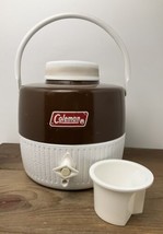 Vintage Coleman Water Jug w Cup 1-Gallon Brown &amp; White Made in USA Camp Outdoors - £34.37 GBP