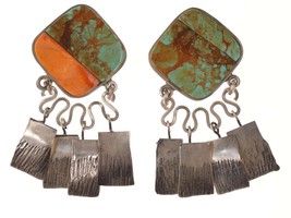 Retro Consuelo Campos Southwestern Sterling/Turquoise/spiny oyster clip on earri - £192.21 GBP