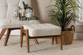 Clarke Japandi Cream Boucle Fabric and Walnut Brown Ottoman Footstool - $1,970.95 MXN