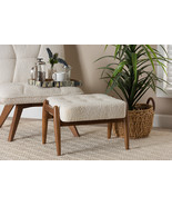 Clarke Japandi Cream Boucle Fabric and Walnut Brown Ottoman Footstool - $1,932.79 MXN