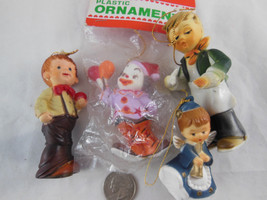 Lot of 4 Vintage Christmas Plastic Ornaments New Clown 2 Boys Angel 2.5" to 4" - $13.85