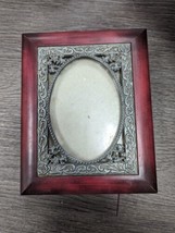 VTG Photo Frame Jewelry Trinket Box Wooden Cherry Finish  Metal Roses Oval Kmart - £19.32 GBP