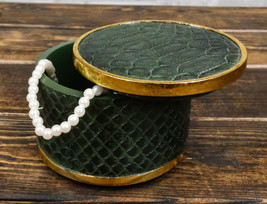 Faux Crocodile Pattern Green Print With Gold Trim Round Decorative Jewelry Box - $30.99