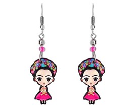 Frida Inspired Cartoon Doll Mexican Artist Dangle Earrings - Ethnic Fashion Hand - $17.81