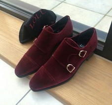 Monk Shoes Burgundy Double Buckle Strap Suede Leather Cap Toe Premium Quality - £109.64 GBP