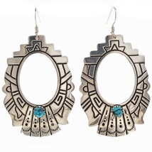 Navajo Rose Tommy Singer Classic Turquoise Hoop Dangle Earrings Sterling Overlay - £102.06 GBP