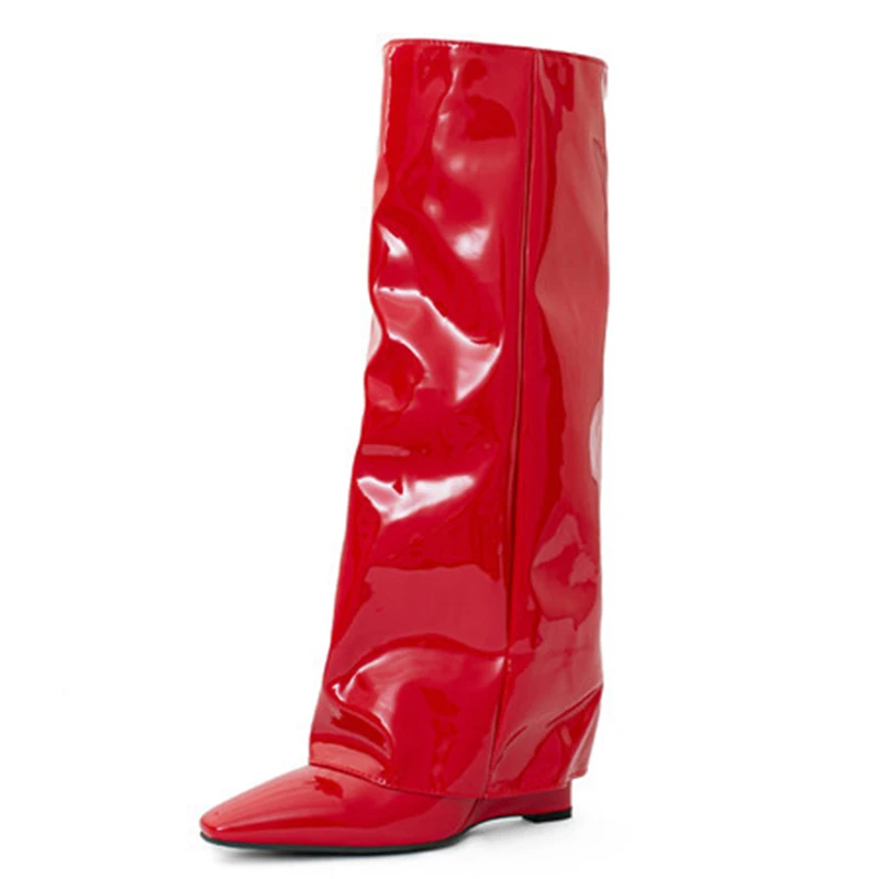 Black and red patent leather shiny women&#39;s knee-high boots pointy toe plus size  - £139.13 GBP
