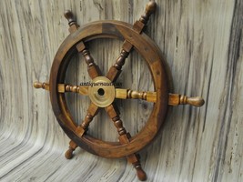 WAVE NAUTICAL Wood and Brass Handle Nautical Ship Wheel 18&quot; Ship Steering Wheel  - £43.40 GBP