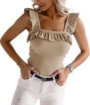Womens Cute Sleeveless Tank Tops Ruffle Strap Square Neck Blouse Solid C... - $31.48