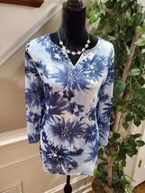 Alfred Dunner Women&#39;s Blue Floral 100% Polyester Long Sleeve Top Blouse Size 14 - £19.18 GBP