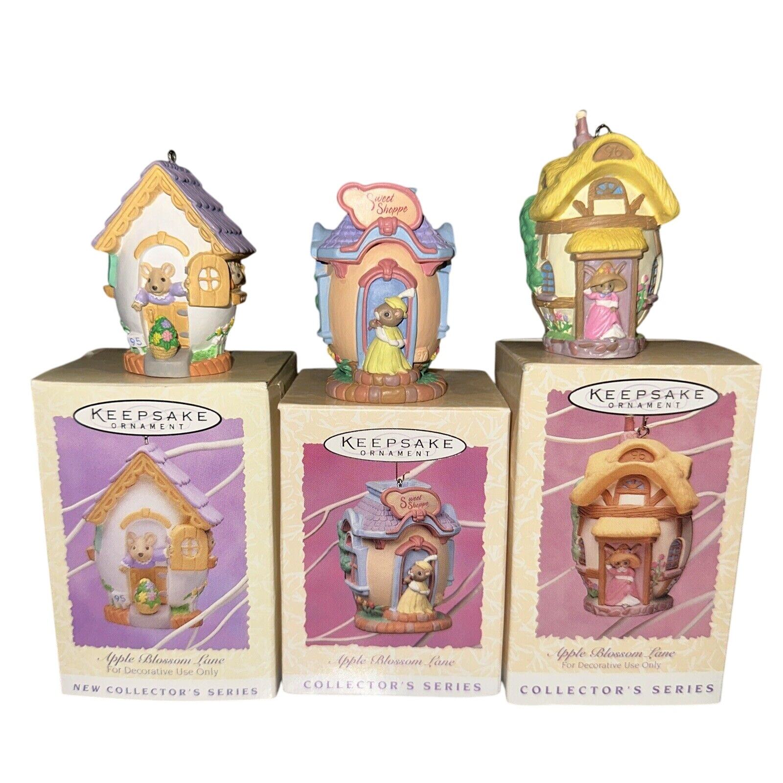 3 Hallmark Apple Blossom Lane Easter Egg Houses Ornament Set Bunny Rabbi... - £14.89 GBP