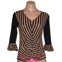 Tan Black Stripe Mesh Nylon Ruched Blouse Top Sz 6 Stretch 3/4 Sleeves S... - £7.09 GBP