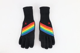 Vintage 70s Streetwear Rainbow Striped Leather Trim Knit Winter Gloves W... - $834.71 MXN