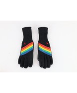 Vintage 70s Streetwear Rainbow Striped Leather Trim Knit Winter Gloves W... - €38,38 EUR
