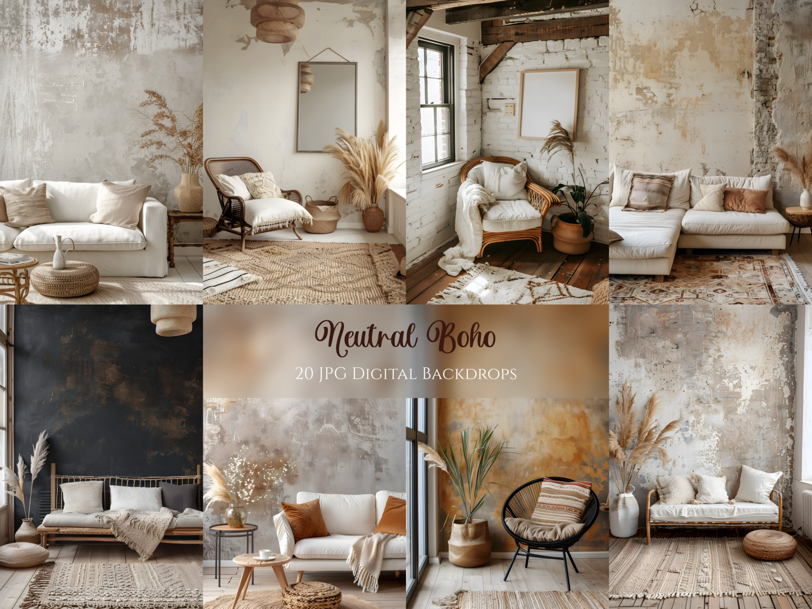 20 x Neutral Boho Digital Backdrops, Studio Backdrop Overlays ...