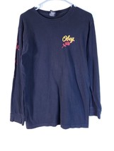 OBEY T Shirt Mens Small Navy Knit 100% Cotton Long Sleeve Rose Graphics Pullover - £11.56 GBP