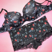 Victoria&#39;s Secret 36D Bh Set L Modal Kurzes Höschen Schwarz Blau Rot Rose Blumen - £58.15 GBP