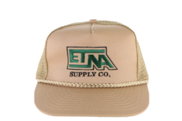 Vintage 90s ETNA Supply Company Spell Out Roped Trucker Hat Cap Snapback Brown - £21.63 GBP