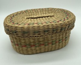 Vintage Woven Raffia Straw Oval basket W Lid 6x4” Red And Green Stripes Trinket - £6.50 GBP