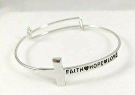 Hand Stamped Inspirational Faith Hope Love Cross Bangle Bracelet Sterling NEW - £6.38 GBP