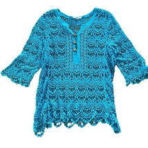 Tempo Paris Vintage Crochet Swimsuit Coverup Top Size Large 12/14 Teal - $11.83