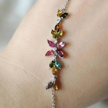 Natural Tourmaline Flower Shape Charm Bracelet, Anniversary Gift For Woman - £69.22 GBP