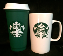 Starbucks  Mug White Green  Logo 16 ounces &amp; plastic travel cup with lid - $11.14