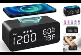 Wooden Digital Alarm Clock with Wireless Charging, Dimmable, Adjustable ... - $366.83 MXN
