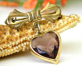 Vintage Bow Dangling Valentine Heart Brooch Pin Amethyst Goldtone - £15.85 GBP