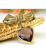 Vintage Bow Dangling Valentine Heart Brooch Pin Amethyst Goldtone - £15.62 GBP