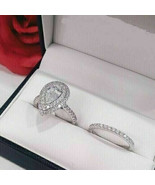 Halo Engagement Ring Set 2.75Ct Pear Cut White Moissanite 14K White Gold... - £268.87 GBP