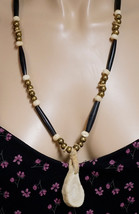 Handmade Necklace with Brass &amp; Black Beads Caribou Antler Slice Pendant Alaska - £20.77 GBP