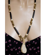 Handmade Necklace with Brass &amp; Black Beads Caribou Antler Slice Pendant ... - £20.82 GBP
