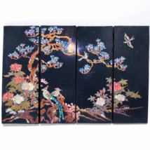 dollhouse miniature oriental 4 panel art black shell lacquer floral bird design - £23.56 GBP