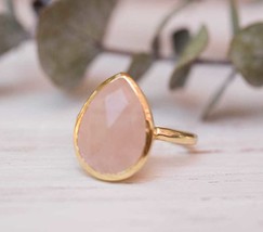 Handmade Rose Quartz Rose Cut Pear Gemstone Ring 14k Gold Plated Silver Ring - $27.60