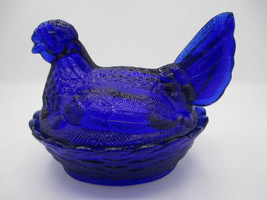 Hen on Nest Cobalt Blue Depression Style Glass Covered Candy Trinket Dish Bowl - £12.45 GBP