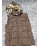 Aeropostale Puffer Vest Women Size Medium Brown Faux Fur Hooded Zip Snap... - $24.34