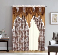 Sara Flowers Taupe Curtains Windows Panels With Attached Valance 2 Pcs Set - £39.14 GBP