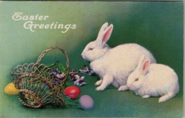 Easter Greetings White Bunny Rabbits Colored Eggs Rochester NY Postcard U18 - £5.37 GBP