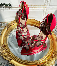 Original Red Silk Crystal Butterfly High Heels Pointy Toe Stain Gladiator Sandal - £137.40 GBP