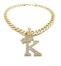 King &amp; Queen Initial Letter K Crystals Pendant Gold-tone Cuban Chain Necklace - £19.92 GBP