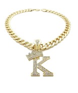 King &amp; Queen Initial Letter K Crystals Pendant Gold-tone Cuban Chain Nec... - £19.97 GBP