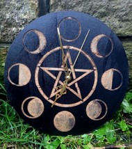 Handmade Wooden wall Clock Pentagram Wicca Viking Pagan Witch Moon - £28.74 GBP