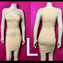Nude Mesh Sleeve Detail Dress with Diamond Brooch Ribbed Bodycon Dress  ... - $22.44